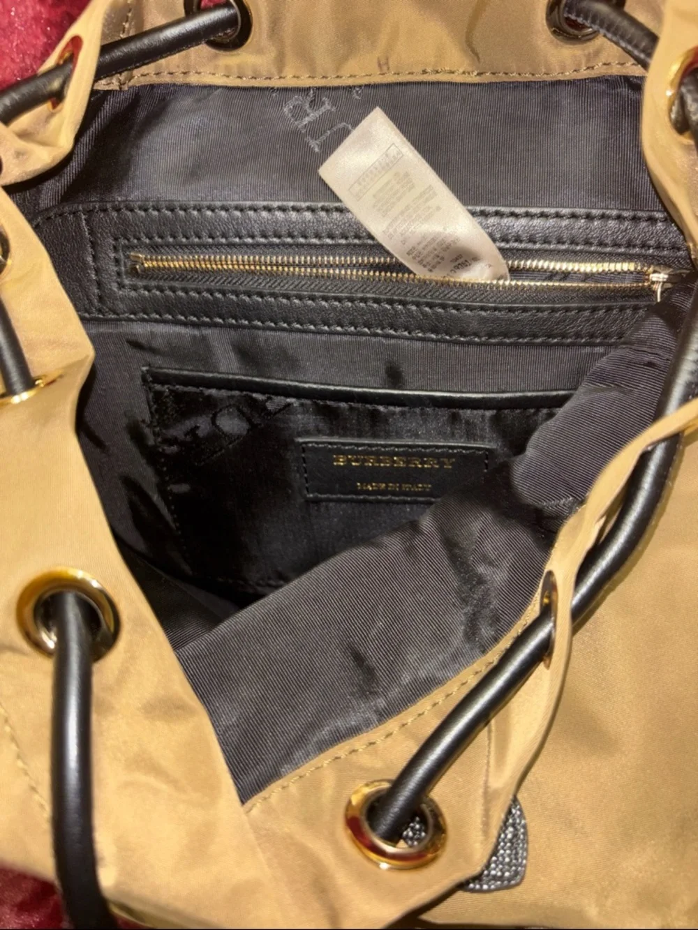 Burberry Beige Drawstring Nylon Backpack with Dark Trim